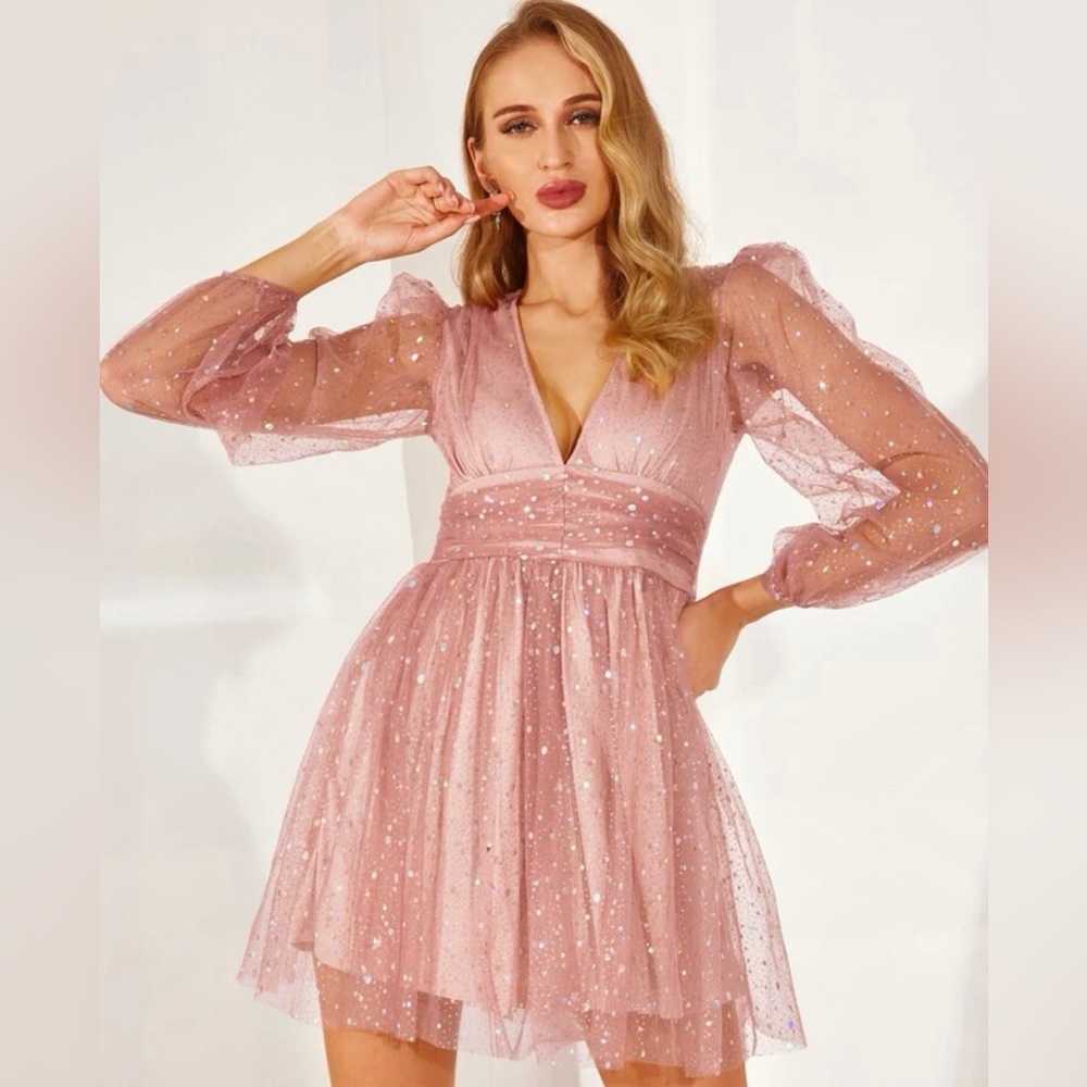 Double Crazy Puff Sleeve Ruched Waist Sheer Mesh Overlay Dress